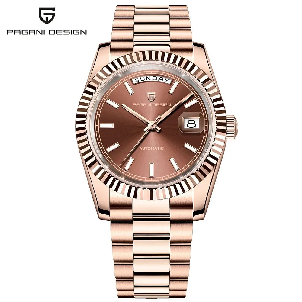 Pagani Design rose gold stainless steel watch with day-date window, automatic, 36mm