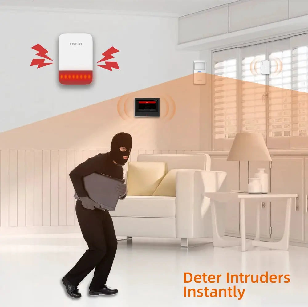 Staniot wireless strobe siren by Simples Market; white device with orange beacon, 120dB indoor/outdoor security alarm.