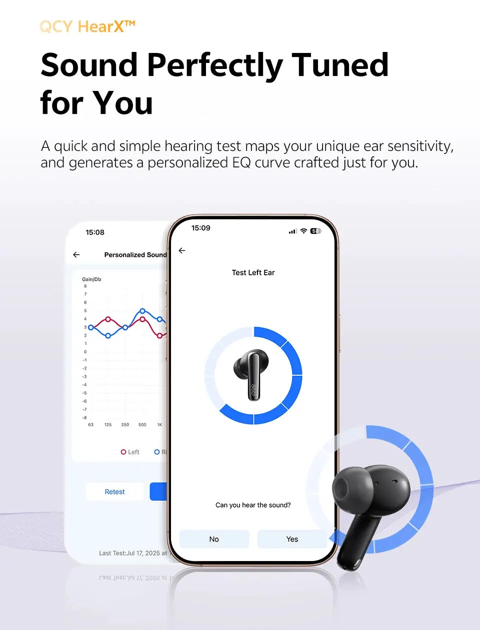 QCY MeloBuds N70 wireless earbuds (2) in black with a smartphone app screen shown beside them.