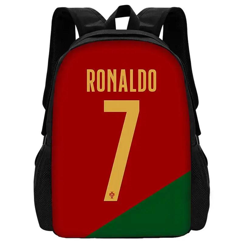 Ronaldo 7 kids' school backpack by Simples Market, red with gold 7 and green diagonal, black straps