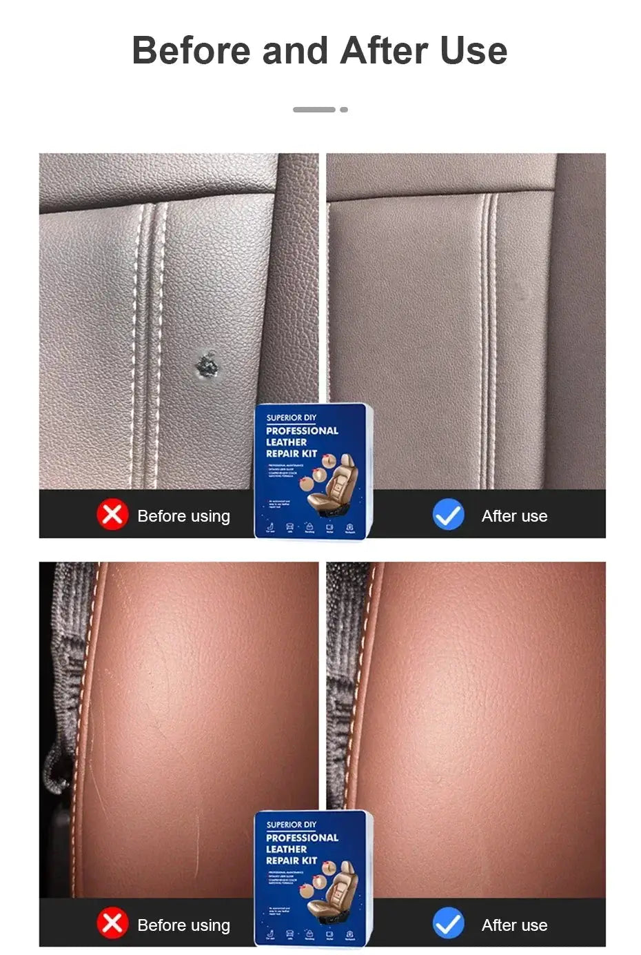 Simples Market Professional Liquid Leather Repair Kit; blue packaging shown with car seat leather before/after