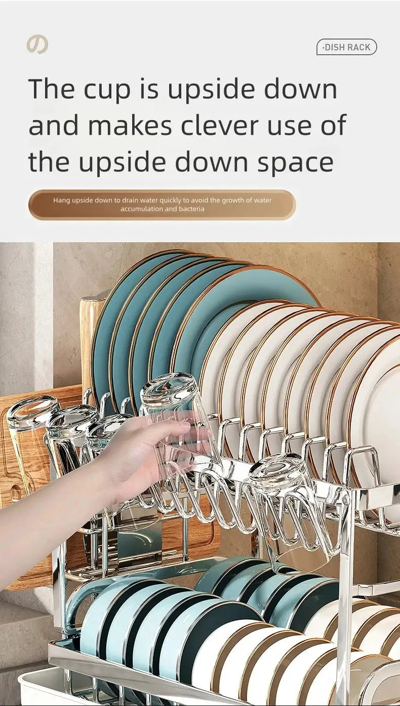 Stainless steel dish rack with side plate rack and cup and glass holders; blue and white dishware organized