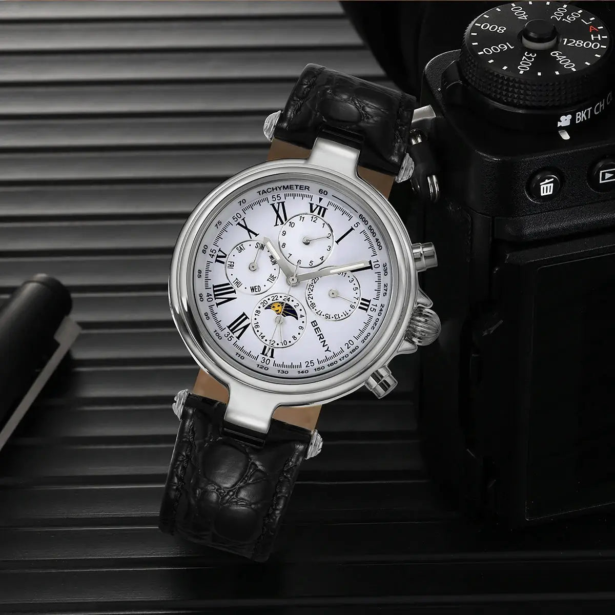 BERNY Retro Automatic Men's Watch with white dial, Roman numerals, moon phase subdial, and black leather strap