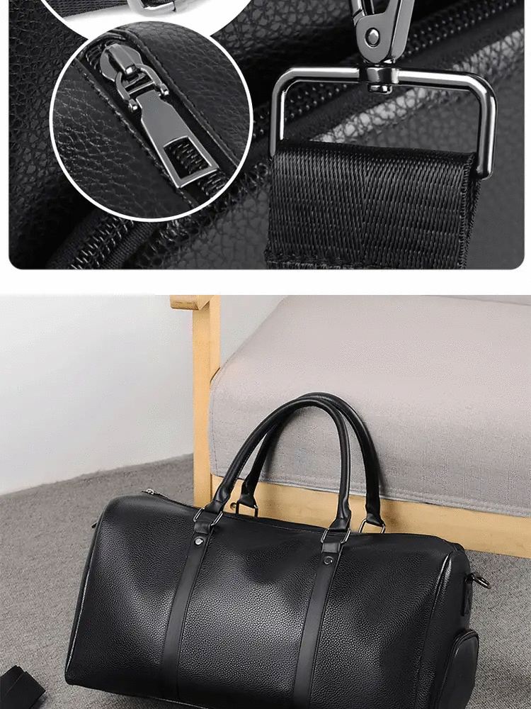 Retro-style PU leather duffel bag with dual top handles and metal hardware, black, large-capacity sports bag.