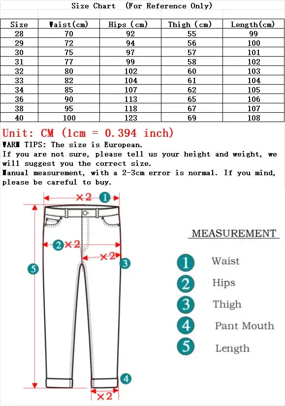 Simples Market men's black elastic slim denim jeans with a size chart and measurement diagram
