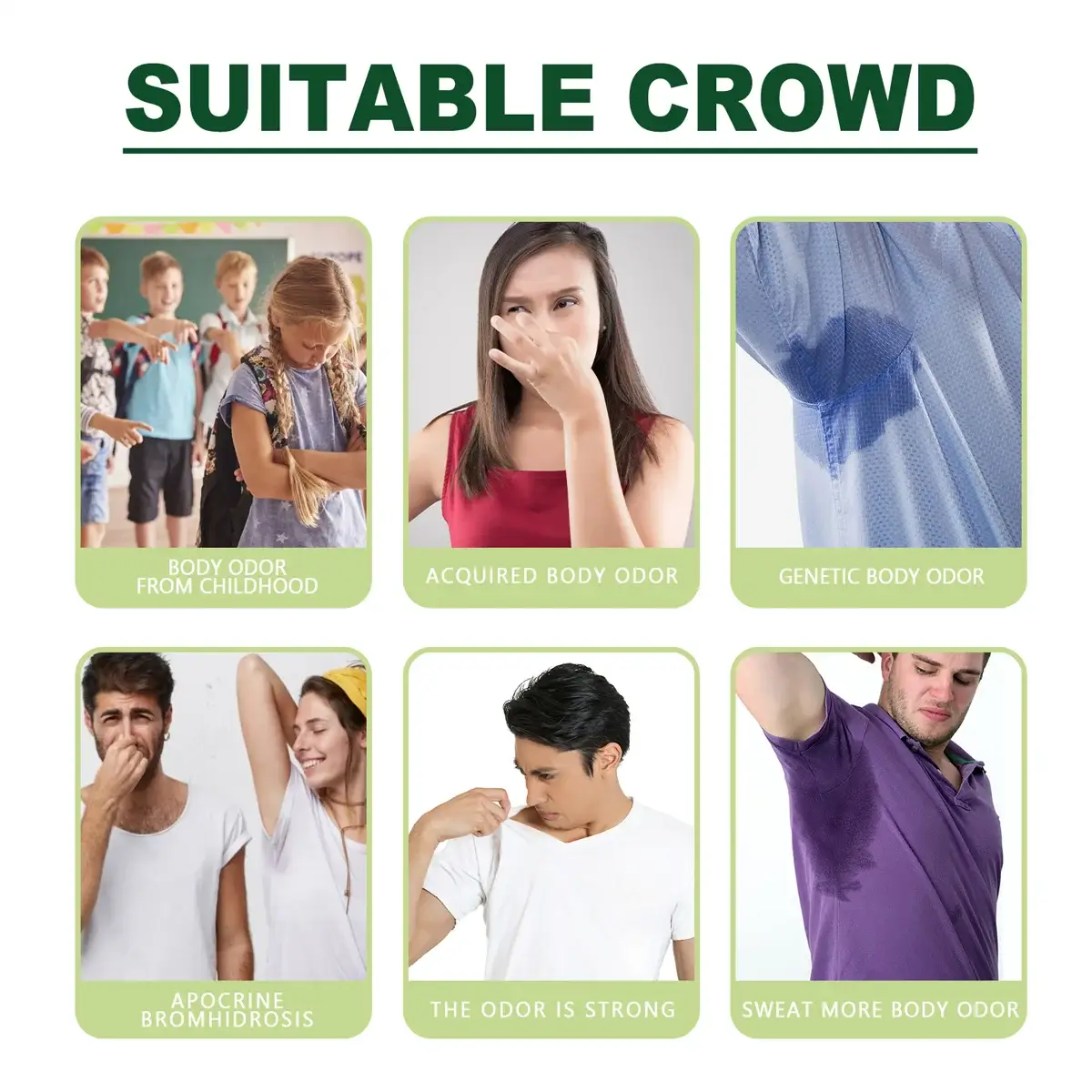 Herbal Essence Deodorant Cream six-panel body odor infographic in green-framed panels