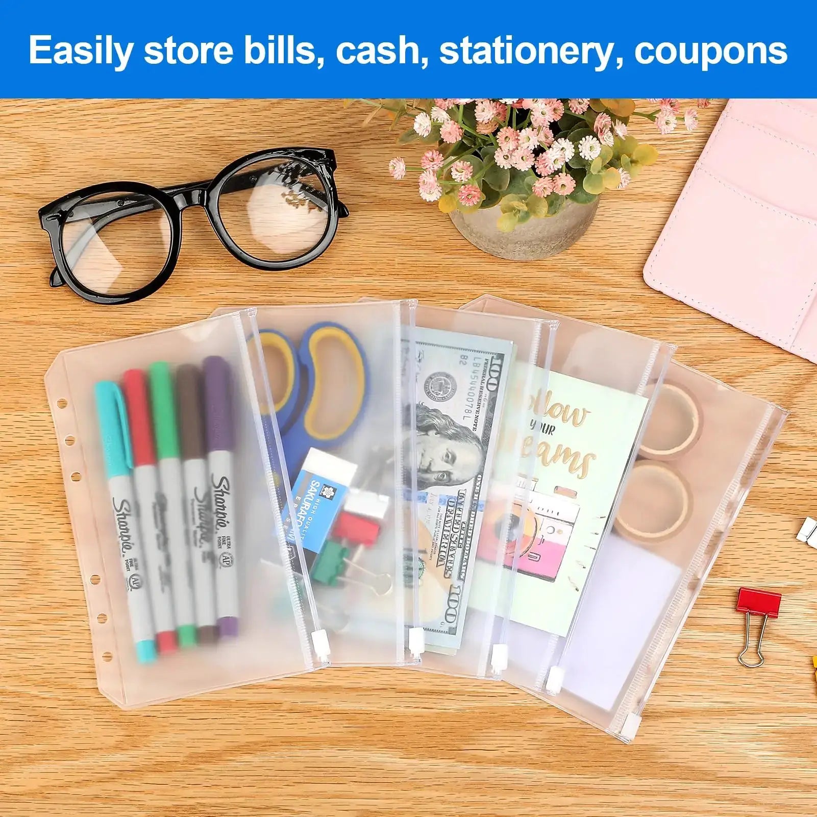 10-pack A6 binder pockets with 6 holes, clear zipper folders in waterproof PVC for 6-ring binders