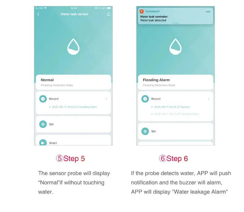 Tuya WiFi water leak detector flood sensor app screens; two blue gradient UI images show Normal and Flooding Alarm.
