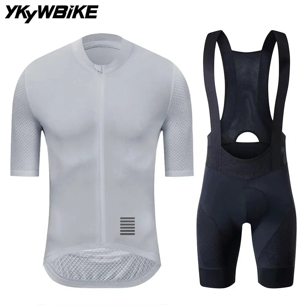 YKYWBike cycling jersey set with light gray short-sleeve jersey and black bib shorts