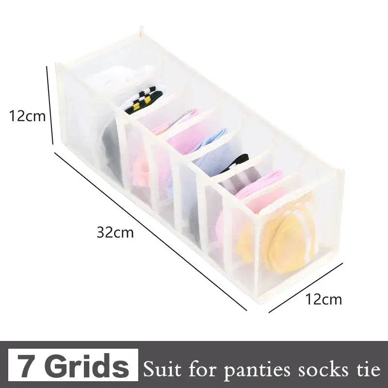 7-grid lingerie organizer box, transparent plastic with dividers for panties and socks, 32x12x12 cm