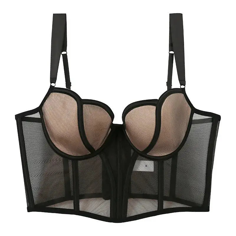 Meet'r push-up bra by Simples Market, black mesh with nude cups and back corset