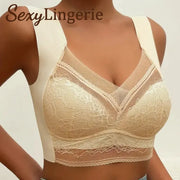 Beige lace bralette with mesh V-neck and floral pattern; SexyLingerie watermark
