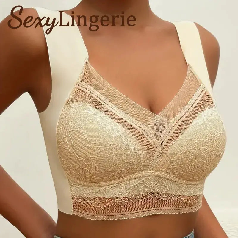 Beige lace bralette with mesh V-neck and floral pattern; SexyLingerie watermark