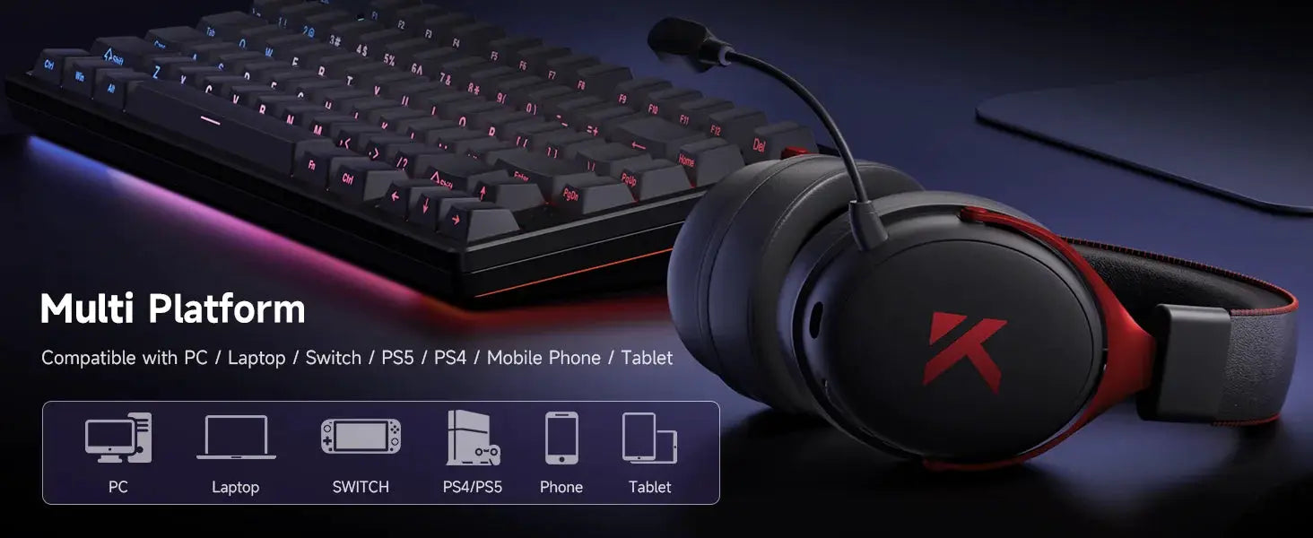 MCHOSE V9 Pro wireless gaming headset with 7.1 surround sound and noise-canceling mic in black with red accents.