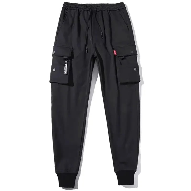 Men's black cargo jogger pants with multiple pockets and drawstring waist by Simples Market