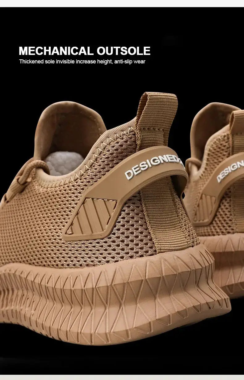 Pair of tan men's knit sneakers with breathable mesh upper, heel strap with DESIGNED text, and textured outsole