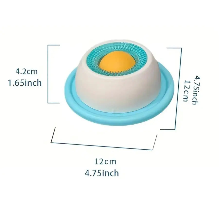 Lick Toys for Dogs interactive slow feeder; blue base with white housing and yellow center, 12 cm diameter