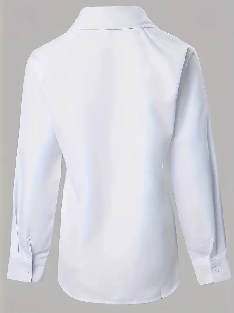 Plus size solid white long-sleeve shirt by Simples Market, back view with classic cuffs
