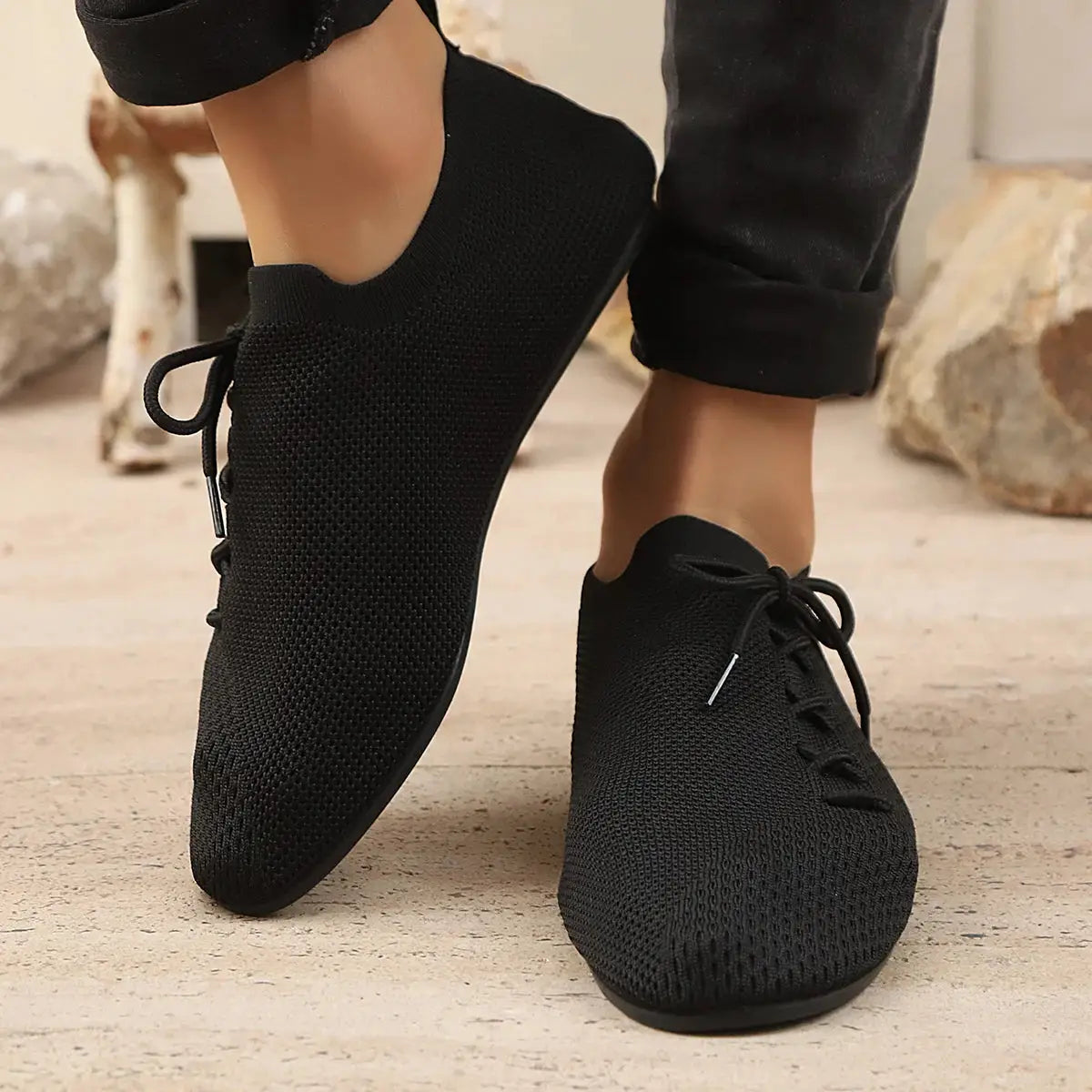 Men's black breathable mesh loafers with laces for casual driving and walking