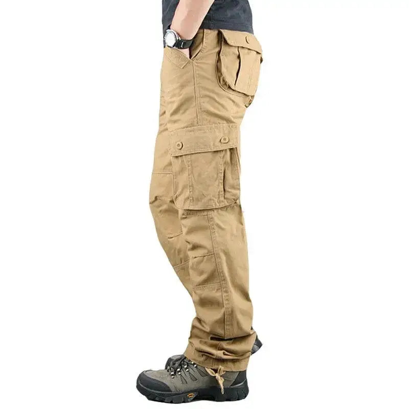 Men's tan cotton tactical cargo pants with multiple pockets