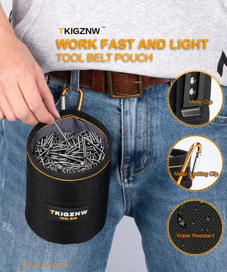 TKIGZNW tool pouch black with belt clip holding nails and screws