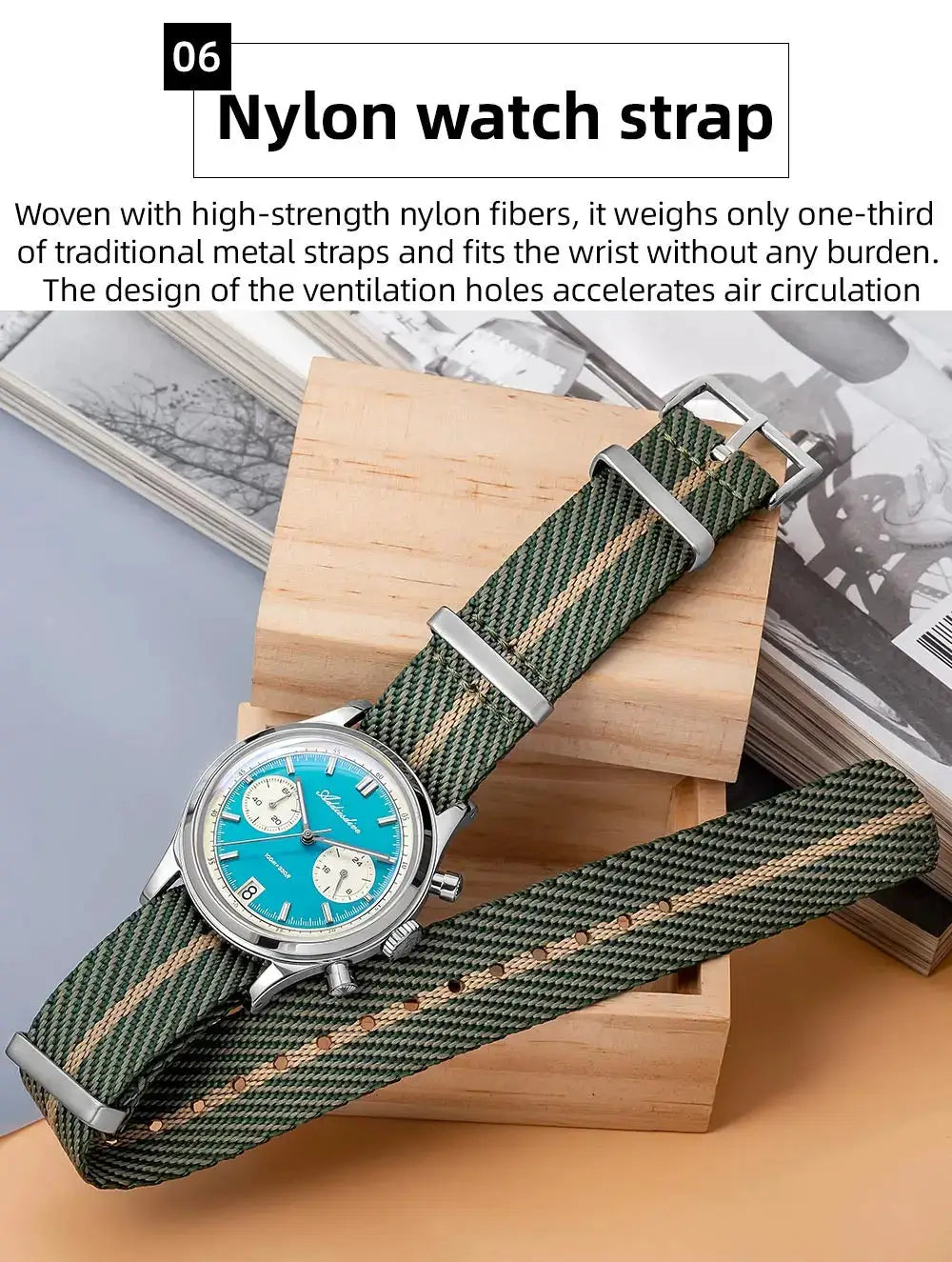 Wristwatch with turquoise dial, green striped fabric strap, stainless steel case, chronograph