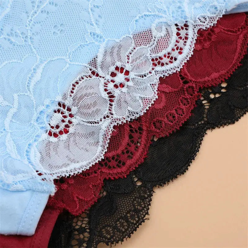 3pc women's lace panties set by Simples Market in blue, white, burgundy, and black lace.