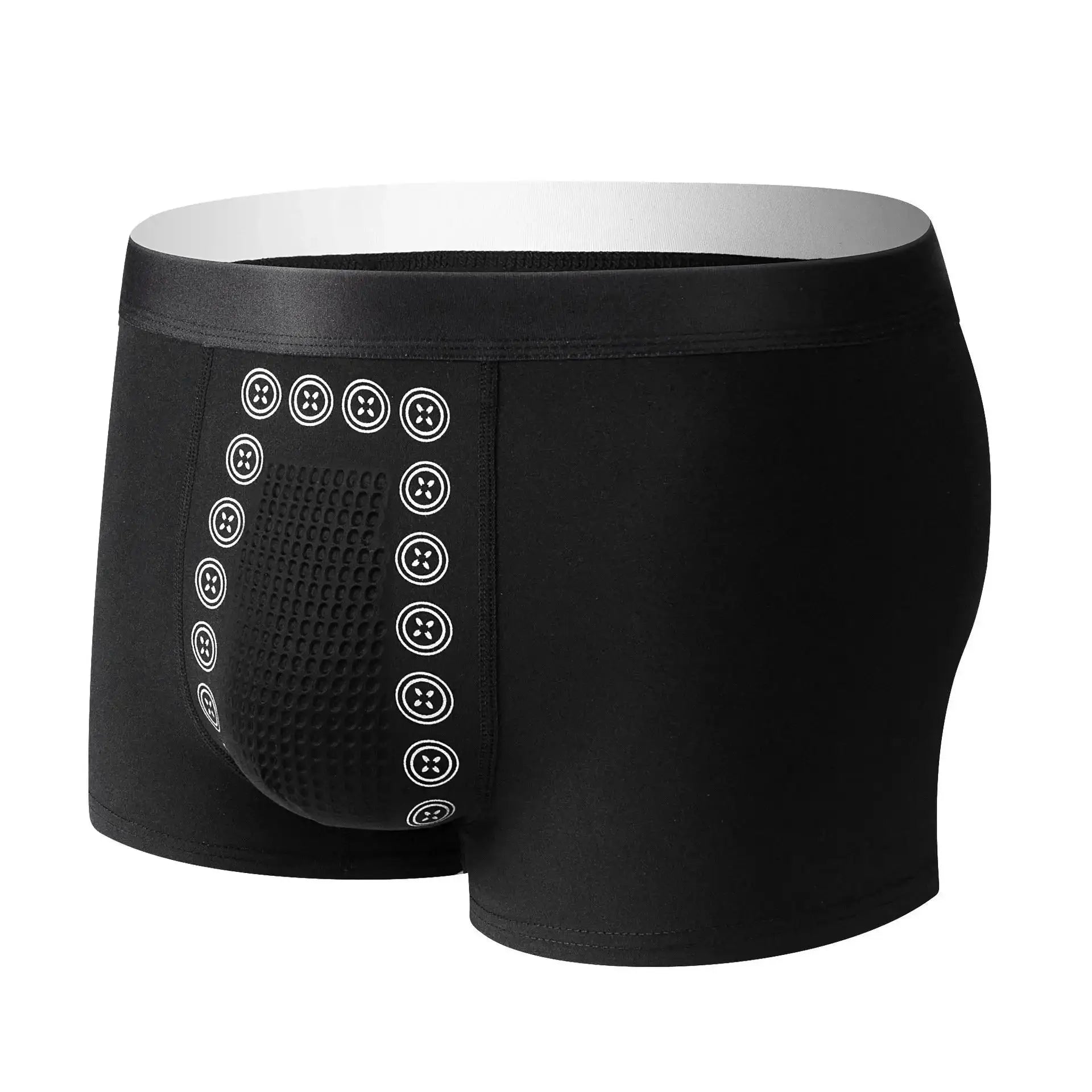Simples Market men's boxer shorts, black mid-waist underwear with white circular pattern panels.
