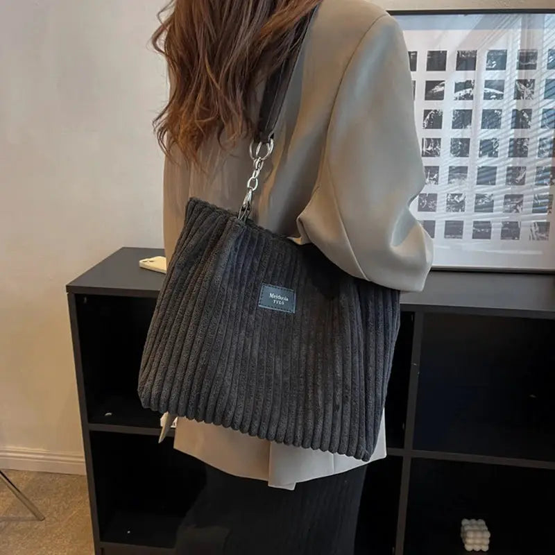 Simples Market women corduroy shoulder bag in dark gray, fixed strap, large capacity.