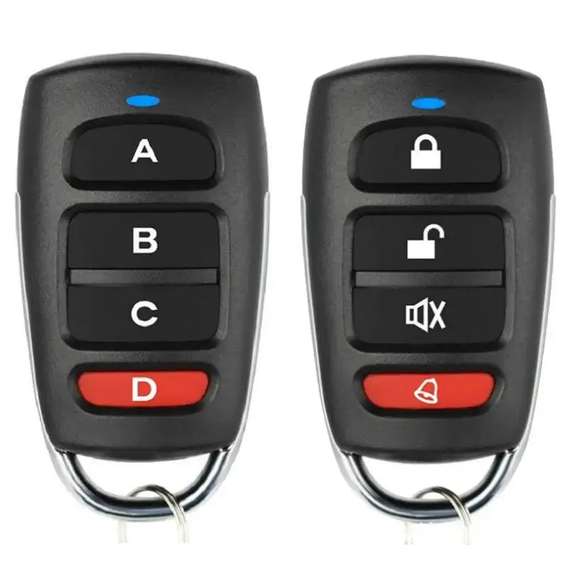 Simples Market wireless RF 433MHz remote control duplicator; twin black key fobs with A/B/C/D and lock/bell buttons