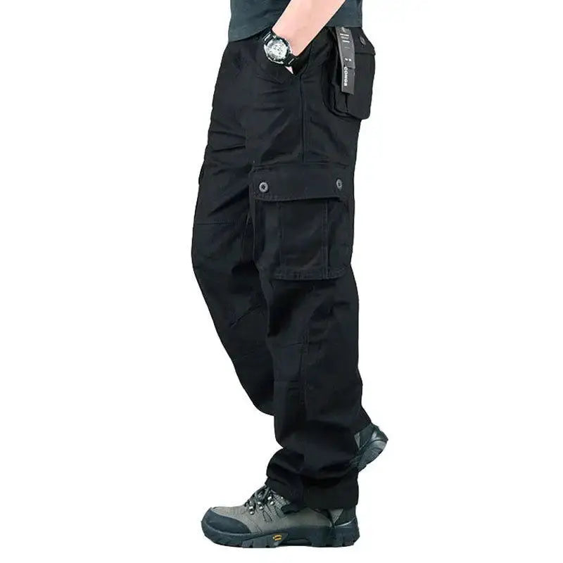 Simples Market men's tactical cargo pants, black cotton outdoor work trousers with large pockets