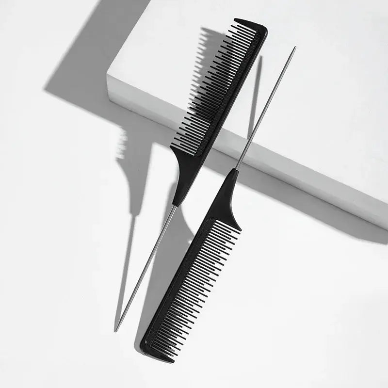 Hair comb brush set of two; black anti-static smoothing combs for portable professional styling tools