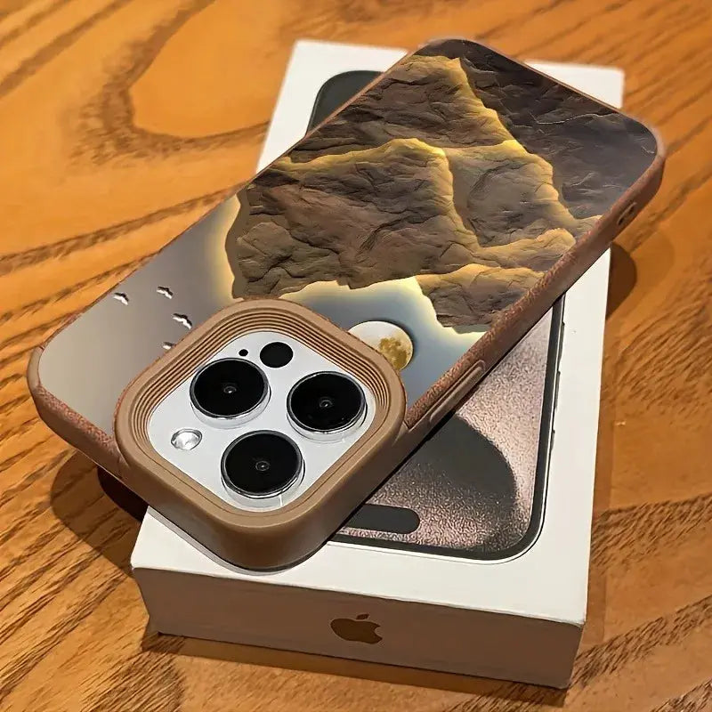 iPhone case with mountain lake scenery motif and brown faux leather edge