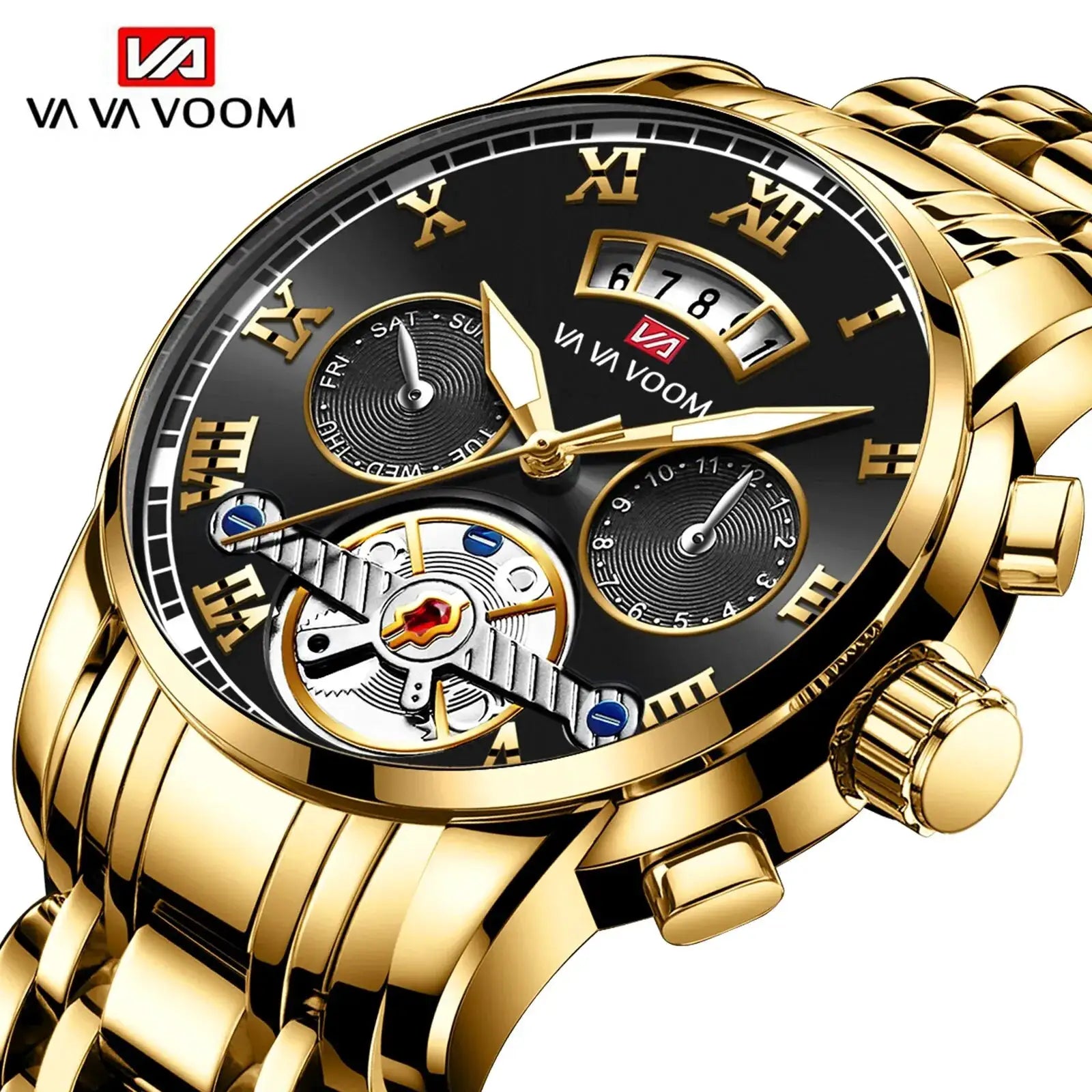 Men's luxury gold-tone stainless steel VA VOOM watch with skeleton dial, multiple subdials, and luminous hands