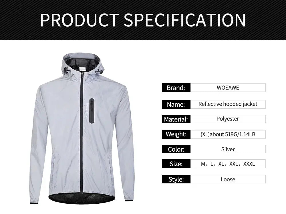 WOSAWE reflective hooded jacket, lightweight silver polyester windbreaker for cycling