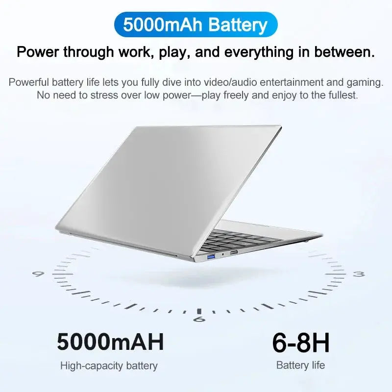 Silver laptop computer with 5000mAh battery promotion and 6-8H battery life.