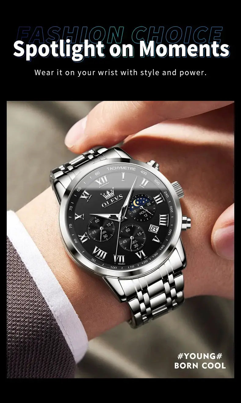OLEVS 5529 stainless steel men's luxury watch with black dial, lunar phase indicator and bracelet