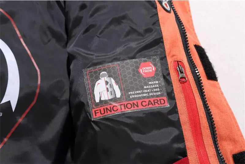 Men's down jacket; black interior with orange zipper and Function Card patch