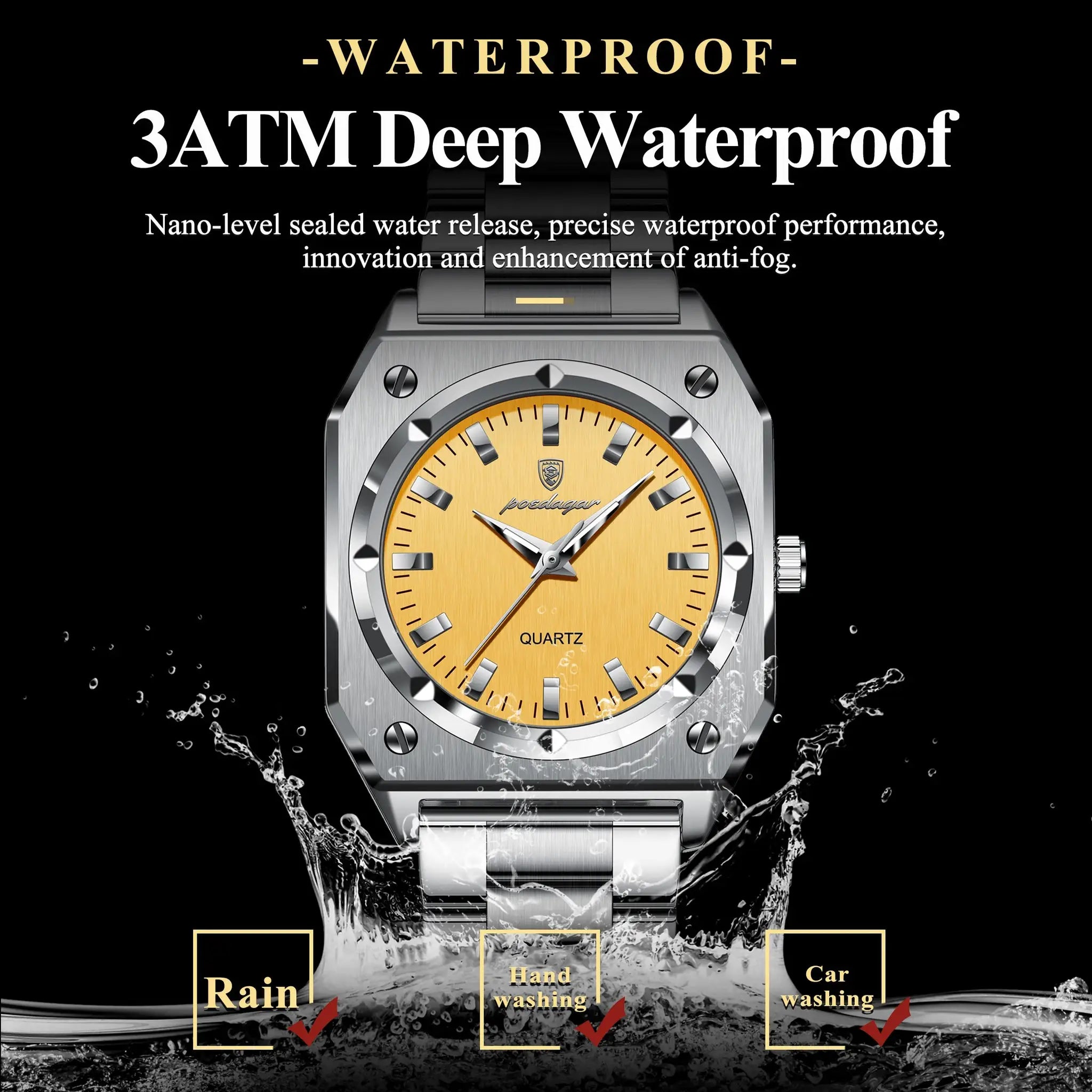 POEDAGAR stainless steel ladies wristwatch with orange dial, luminous markers, quartz movement