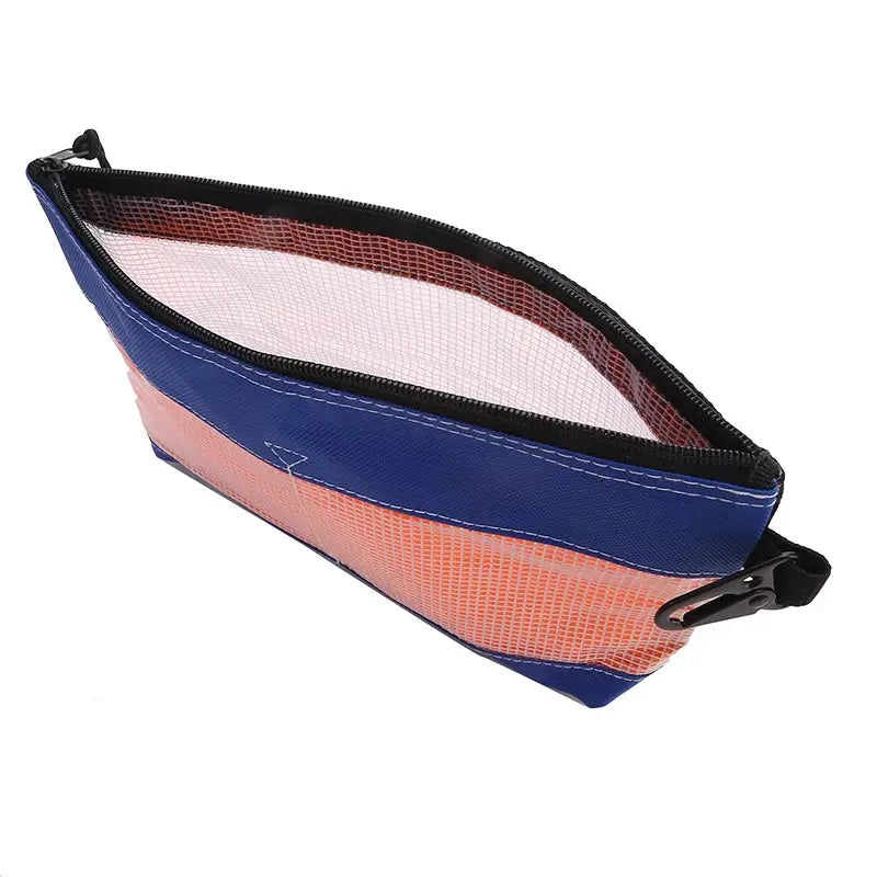 Transparent PVC tool organizer pouch, blue and peach color-block with zipper and clip