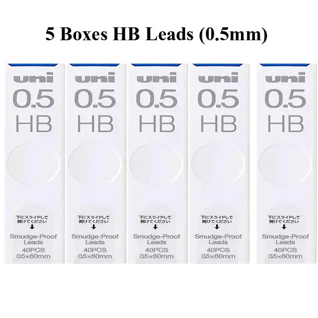 Five boxes of Uni 0.5 HB lead for mechanical pencils, smudge-proof, 40 pcs per box, 0.5x60mm