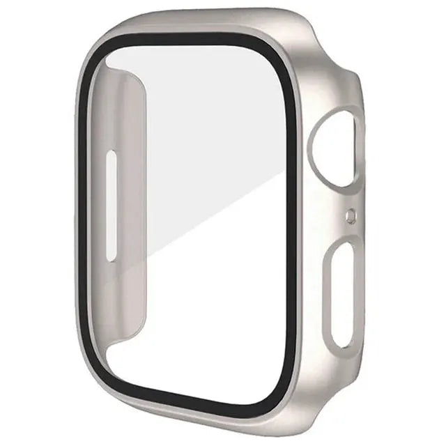 Apple Watch glass cover with clear front panel and silver frame for 40–46mm models