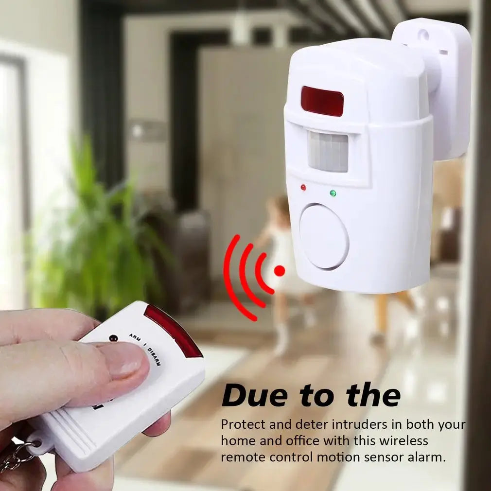Simples Market wireless motion sensor alarm, white indoor/outdoor security detector with remote control, wall-mounted.