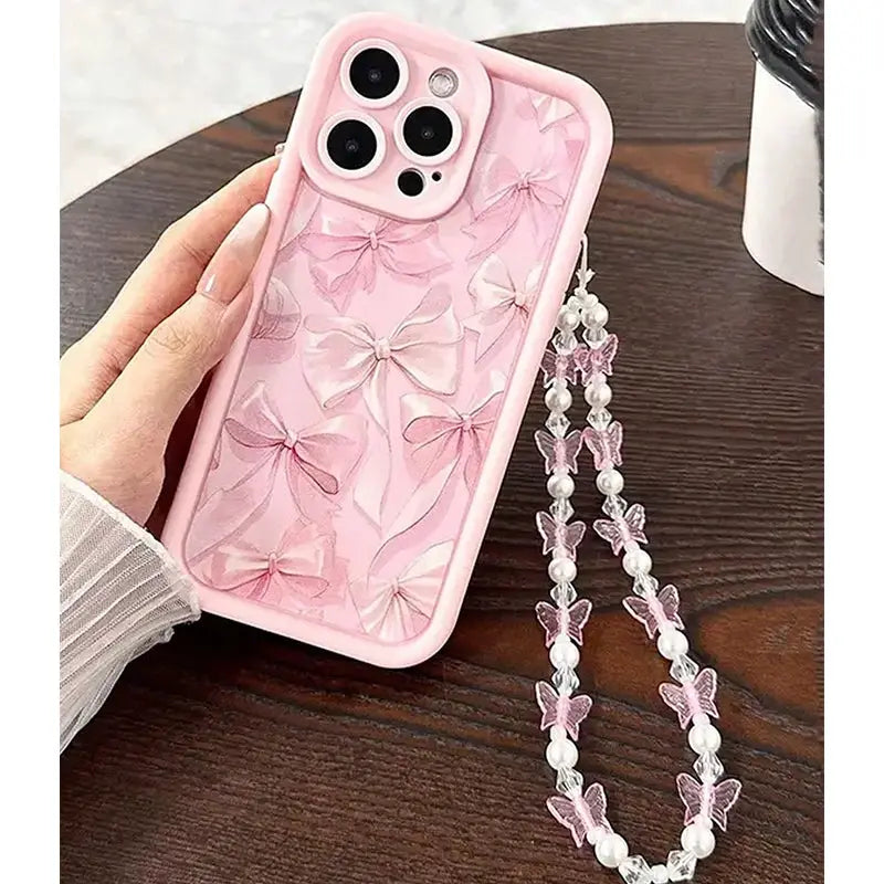 Pink Bow Silicone Case With Butterfly Charm For iPhone 7 Through 16 Pro Max Anti Fingerprint Scratch Resistant