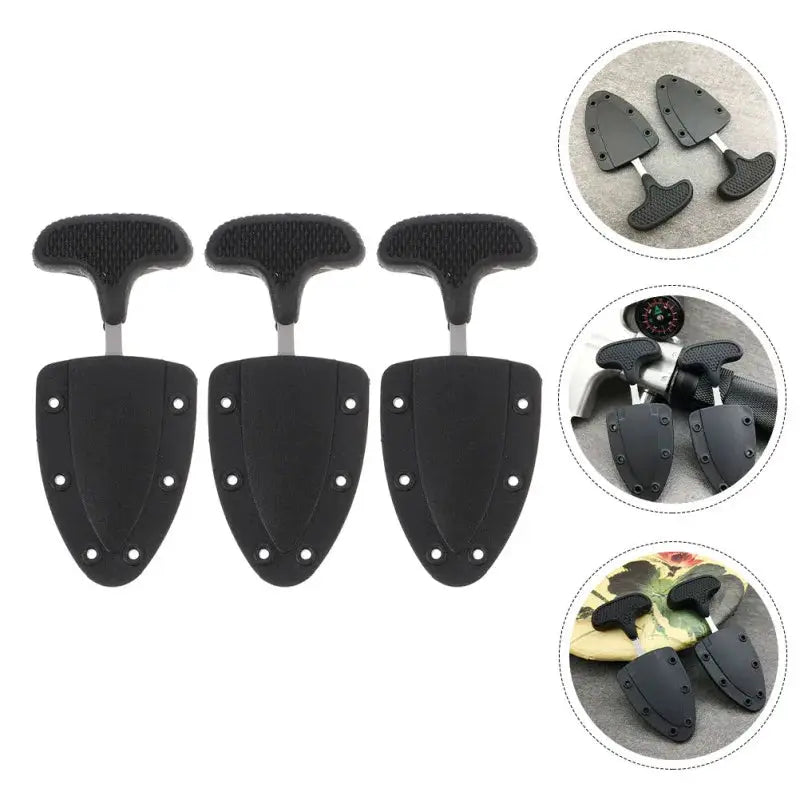 Three black multifunctional necklace cutters for outdoor camping; portable tools with textured handles.