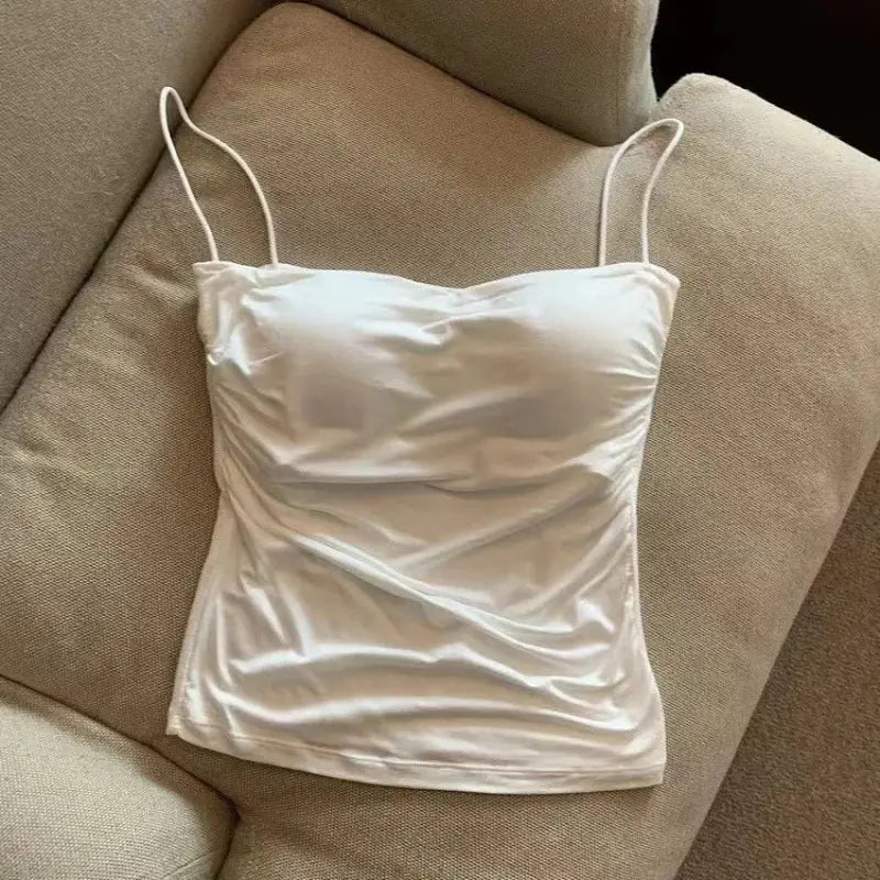 White Sleeveless Tank Top With Thin Straps Fitted Camisole Korean Style Women Underwear Layering Top