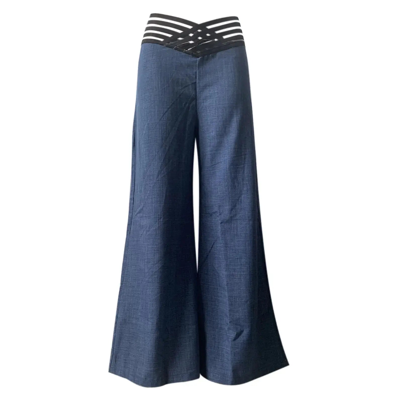 Women High Waist Flared Pants Wide Leg Trousers For Office Lady And Casual Wear Spring Summer Solid Crisscross Mesh Patch