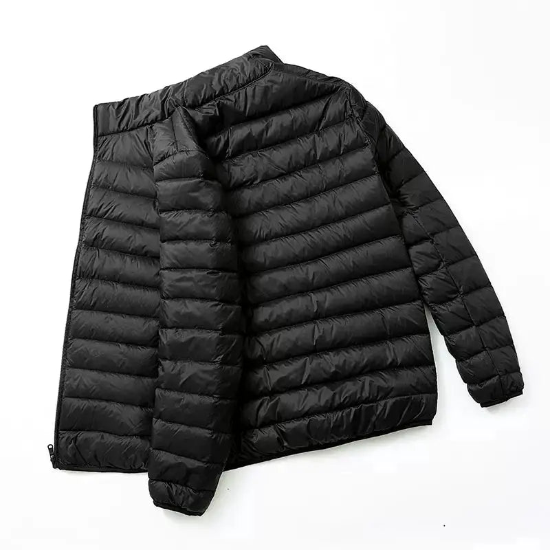 Men's ultralight duck-down hooded jacket by Simples Market, black quilted puffer coat.