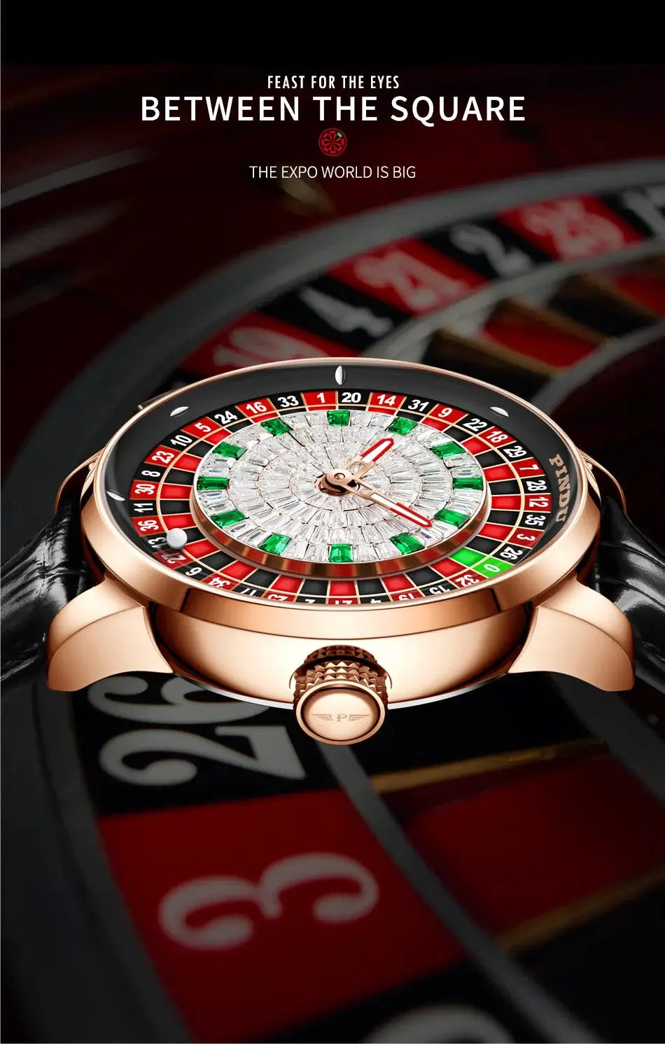 PINDU NH35A mechanical watch; rose-gold case, black leather strap, diamond dial with roulette motif.