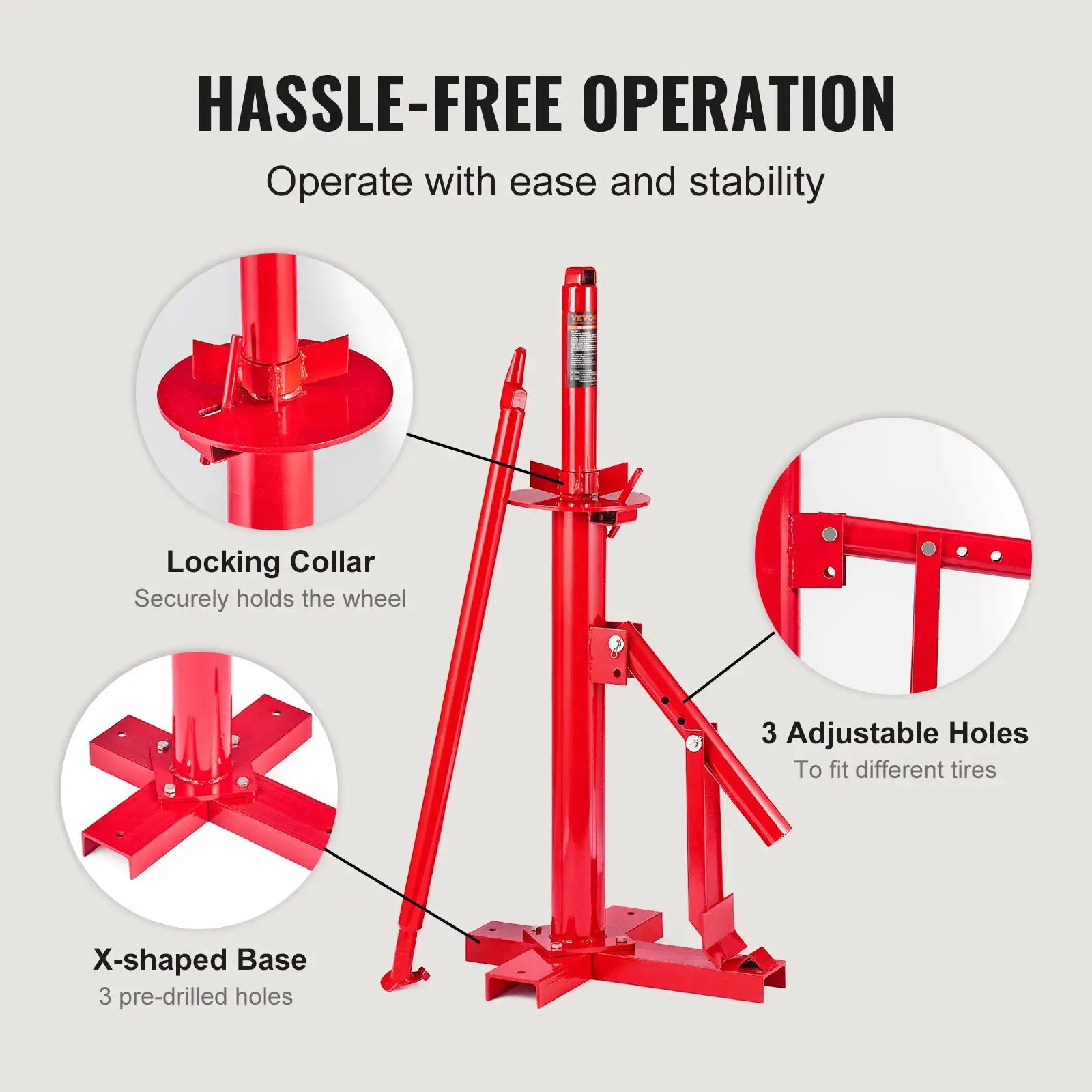 Simples Market portable manual tire changer in red with locking collar and X-shaped base
